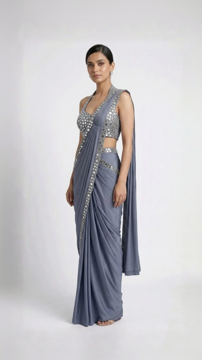 BLUE HALTER NECK MIRROR EMBROIDERED READY TO WEAR SAREE