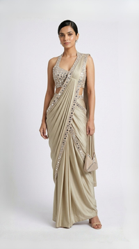 FAWN HALTER NECK MIRROR EMBROIDERED READY TO WEAR SAREE
