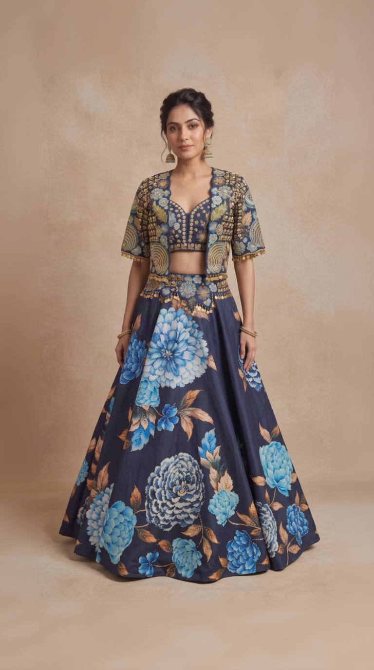 Blue floral pearl embellished lehenga set for women, elegant Indian wedding wear for sangeet, engagement, reception and festive occasions.