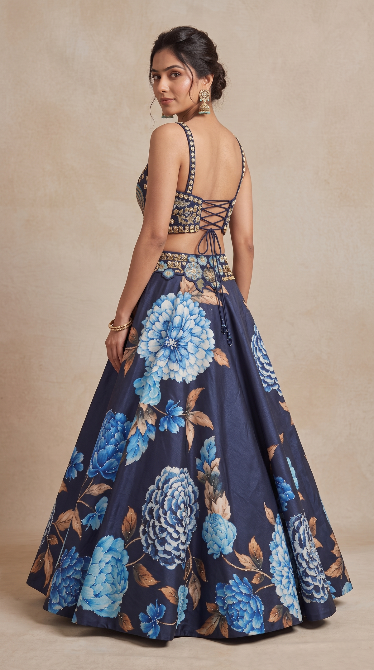 Stunning blue floral pearl work lehenga set for women, perfect for carnival celebrations, cocktail parties, engagement ceremonies and wedding festivities.