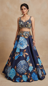 Beautiful blue lehenga choli with floral pearl embellishments, perfect for bridesmaid outfits, wedding guest wear, parties and celebrations.