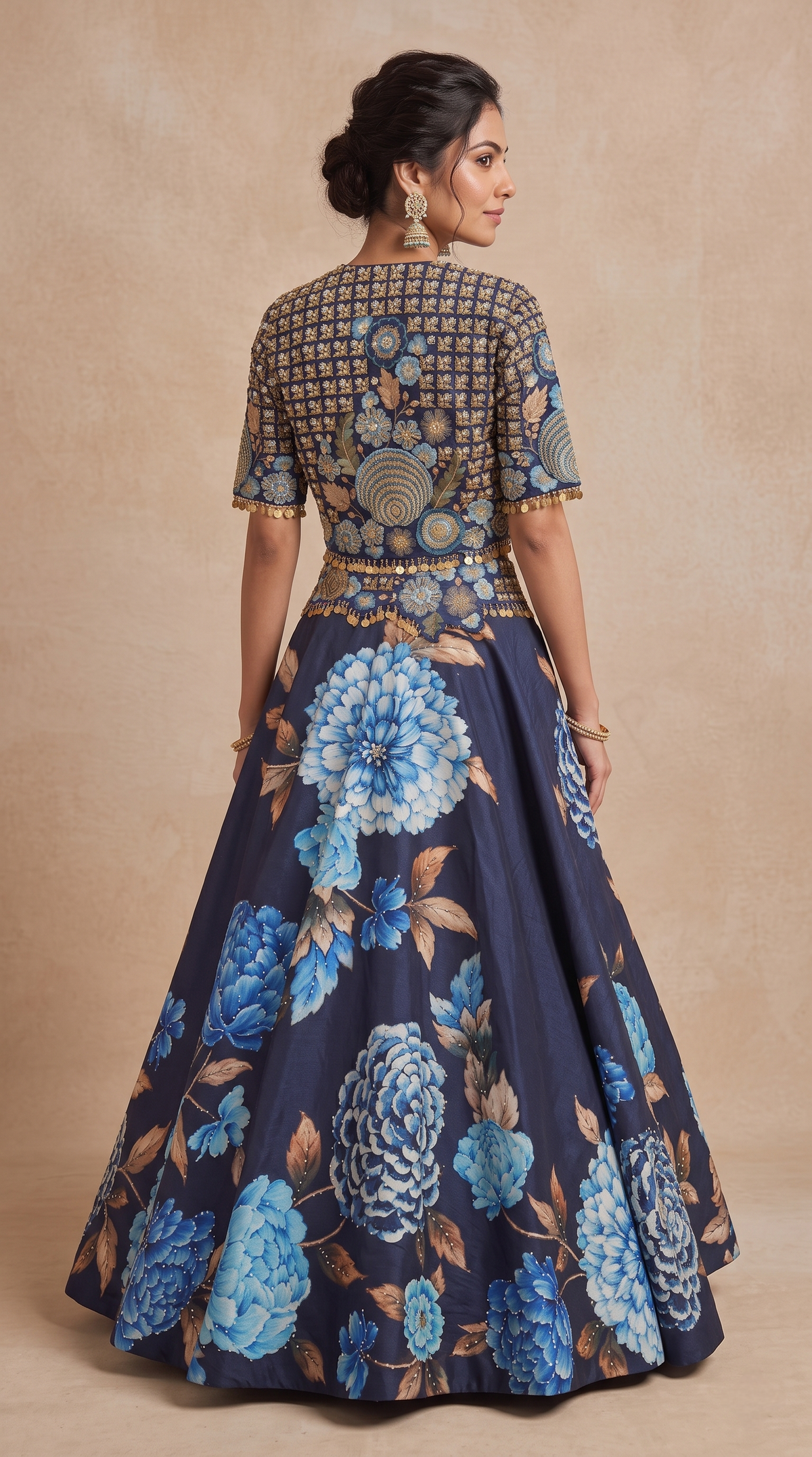 Blue floral embroidered lehenga with pearl embellishment, luxury Indian ethnic wear for bridesmaids, wedding functions, sangeet and festive parties.