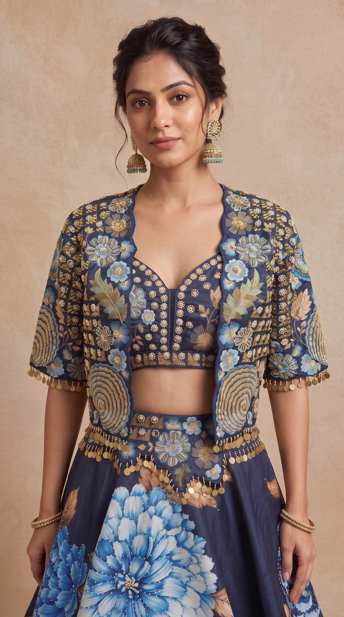 Designer blue floral lehenga set with pearl detailing for women, ideal for sangeet night, mehndi, engagement and pre-wedding functions.