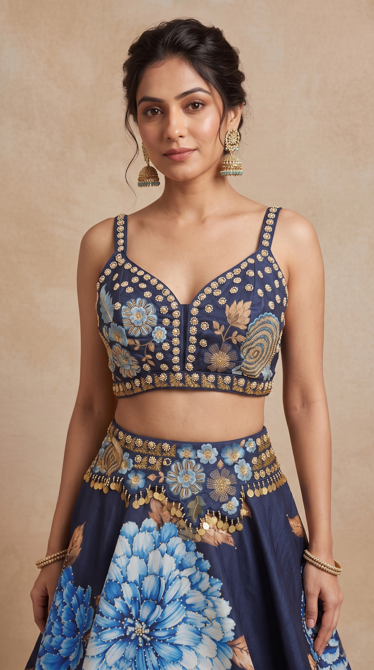 Elegant blue pearl embellished lehenga choli for women, stylish ethnic party wear for weddings, receptions, festive celebrations and special occasions.