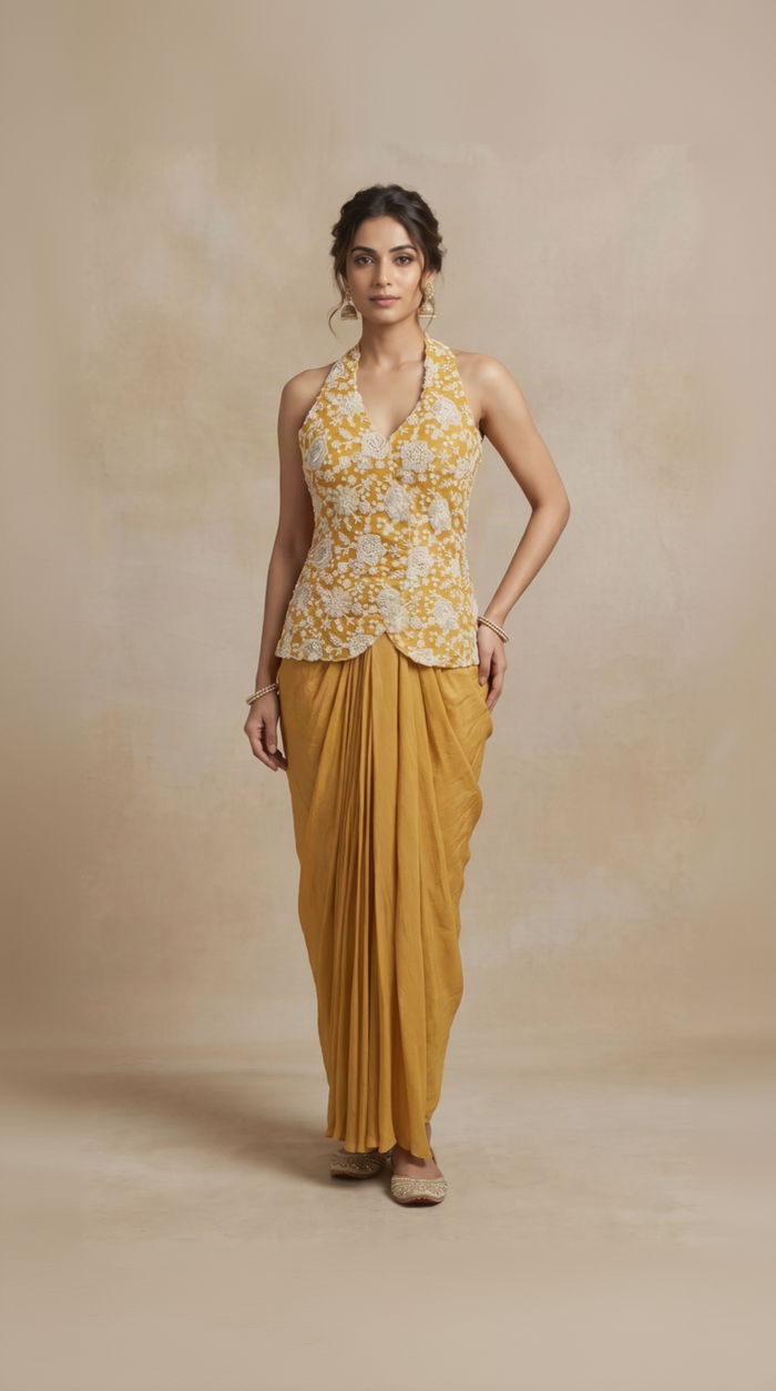 Yellow sequin embroidered halter neck pleated skirt set for women, elegant Indian wedding wear for haldi, mehndi, sangeet and festive occasions.