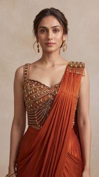 Elegant rust ready-to-wear saree for women with statement gem detailing, ideal for sangeet nights, reception parties and pre-wedding functions.