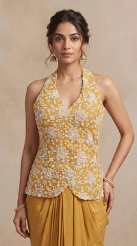 Elegant yellow embroidered skirt set for women with a halter neck blouse, perfect for haldi ceremony, destination weddings and pre-wedding functions.