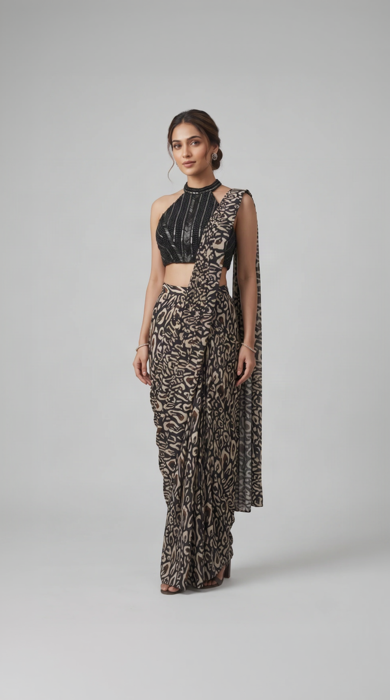Black printed ready-to-wear saree for women, elegant Indian ethnic party wear for weddings, receptions, sangeet and festive occasions.