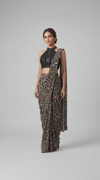 Black printed ready-to-wear saree for women, elegant Indian ethnic party wear for weddings, receptions, sangeet and festive occasions.