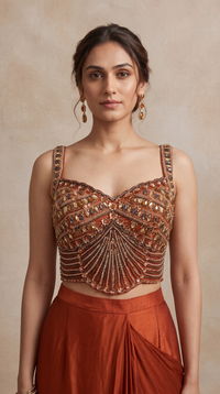 Rust embellished designer saree with contemporary styling, fashionable Indian ethnic wear for weddings, engagement ceremonies and festive celebrations.