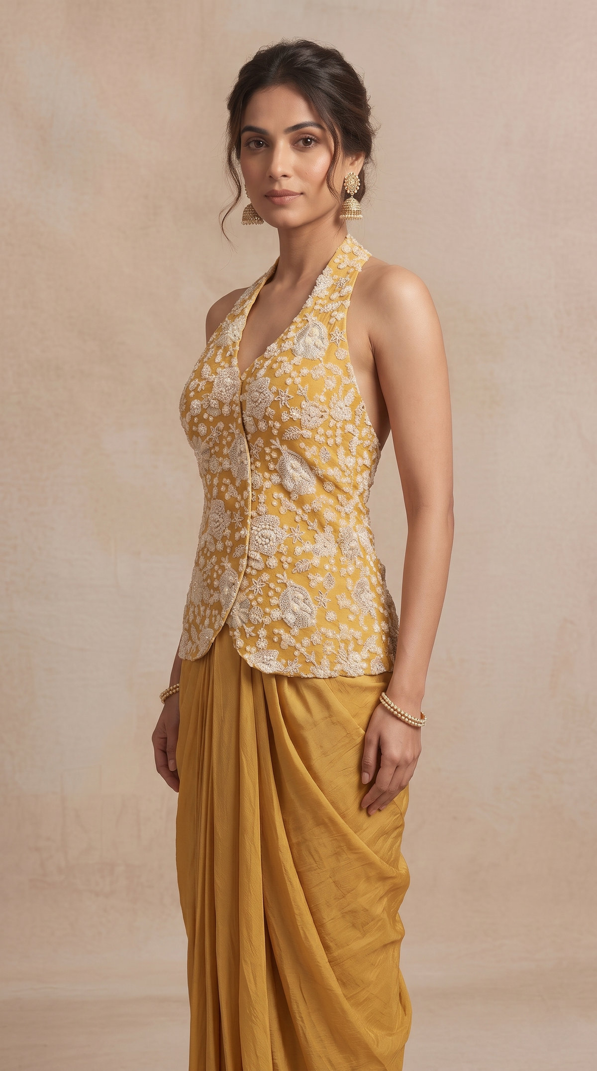 Yellow halter neck crop top with sequin embroidery and pleated skirt, stylish ethnic party wear for weddings, engagement and bridesmaid celebrations.