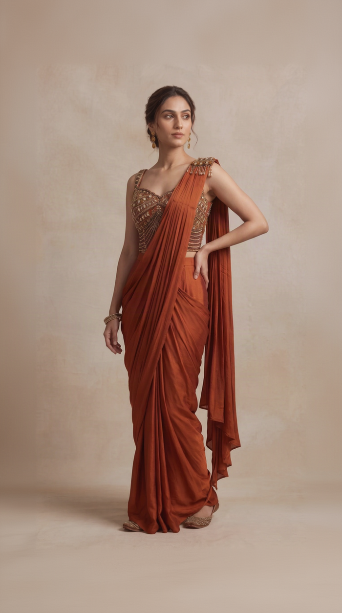 Rust gems embellished ready-to-wear saree for women, elegant Indian wedding wear for receptions, sangeet, engagement and festive occasions.