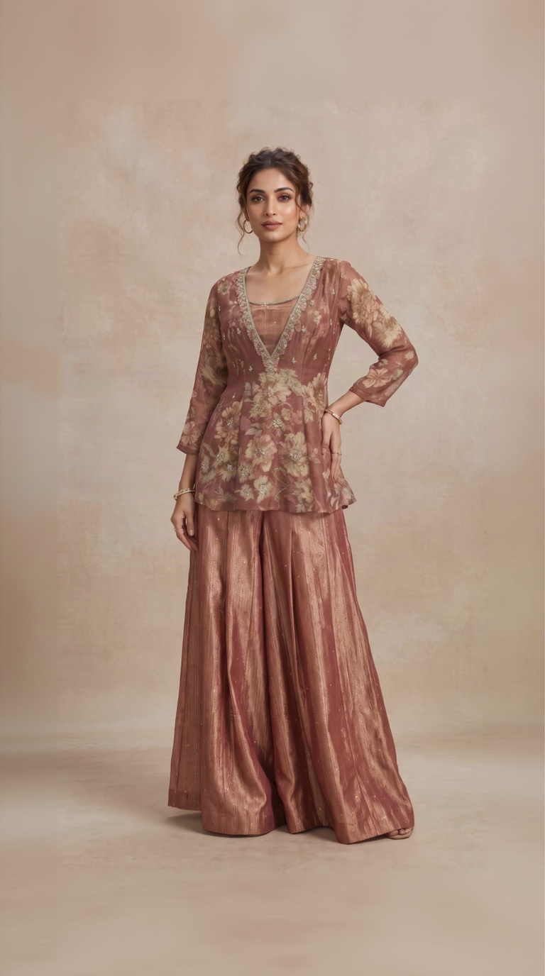 Rust red floral printed sharara set for women, elegant Indian ethnic wear for weddings, sangeet, mehndi and festive occasions.