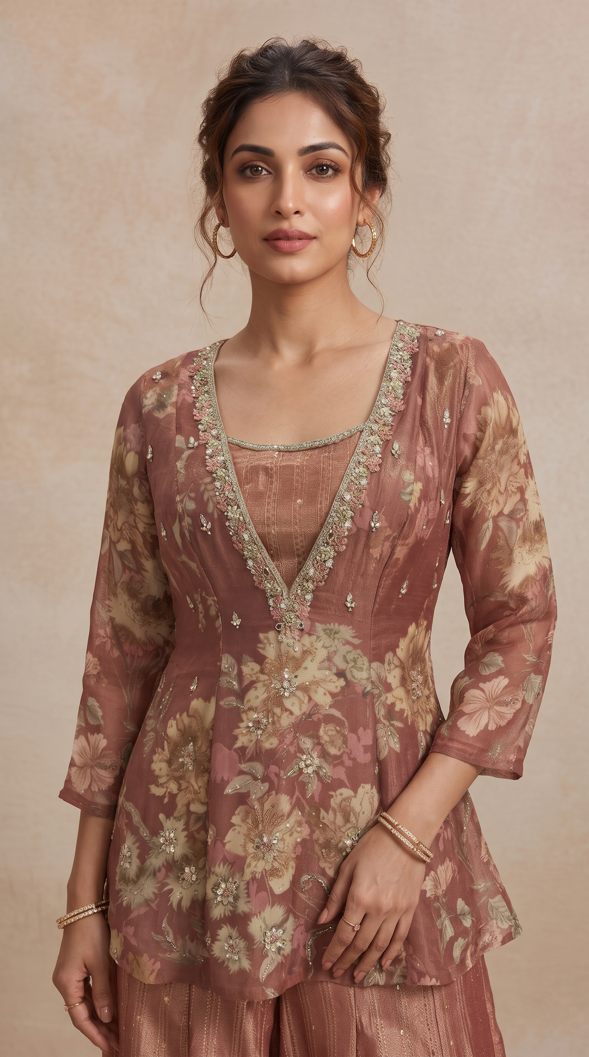 Elegant rust red floral printed sharara set for women, ideal for haldi ceremonies, mehndi functions, pre-wedding celebrations and bridesmaid wear.