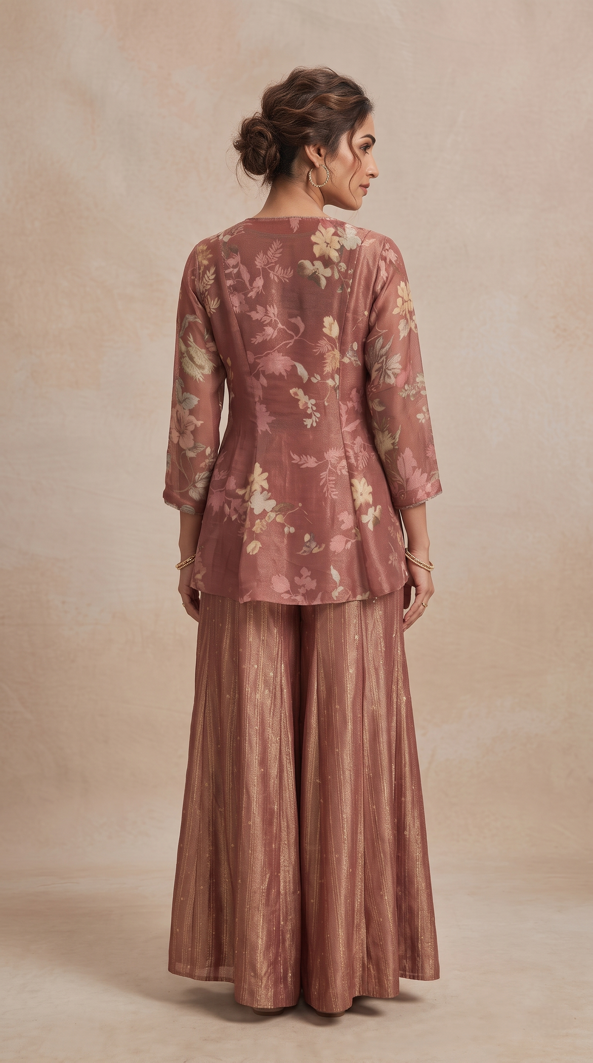 Floral printed rust red sharara suit set, perfect for festive occasions, family celebrations, traditional functions and wedding guest wear.