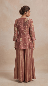 Floral printed rust red sharara suit set, perfect for festive occasions, family celebrations, traditional functions and wedding guest wear.