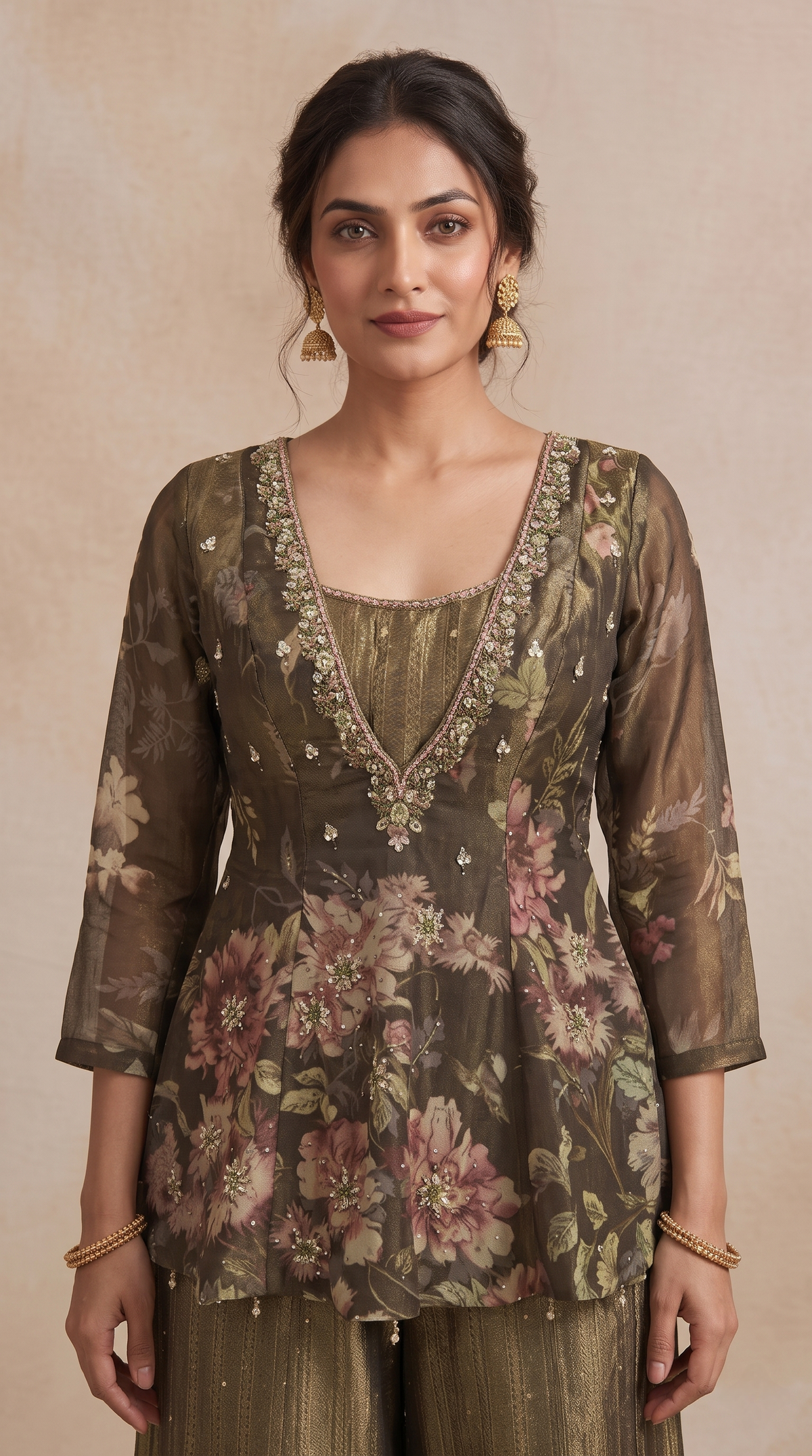 Elegant floral printed sharara set in greyish green for women, ideal for mehndi ceremonies, haldi functions, engagement parties and celebrations.