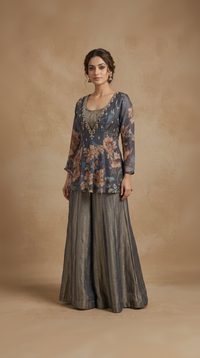 Blue floral printed sharara set for women, elegant Indian ethnic wear for weddings, sangeet, mehndi, haldi and festive celebrations.