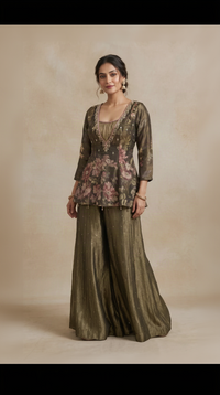 Greyish green floral printed sharara set for women, elegant Indian ethnic wear for weddings, mehndi, haldi, sangeet and festive occasions.