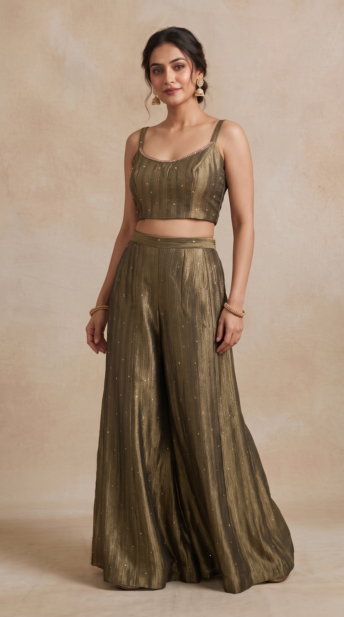 Greyish green floral print sharara suit set with stylish ethnic detailing, perfect for wedding guest outfits, bridesmaid wear and festive parties.