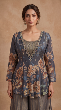 Blue printed sharara outfit featuring beautiful floral patterns, ideal for haldi ceremonies, mehndi functions, pre-wedding celebrations and parties.