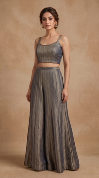 Stylish blue floral print sharara suit set for women, perfect for wedding guest outfits, bridesmaid wear, engagement parties and festive occasions.