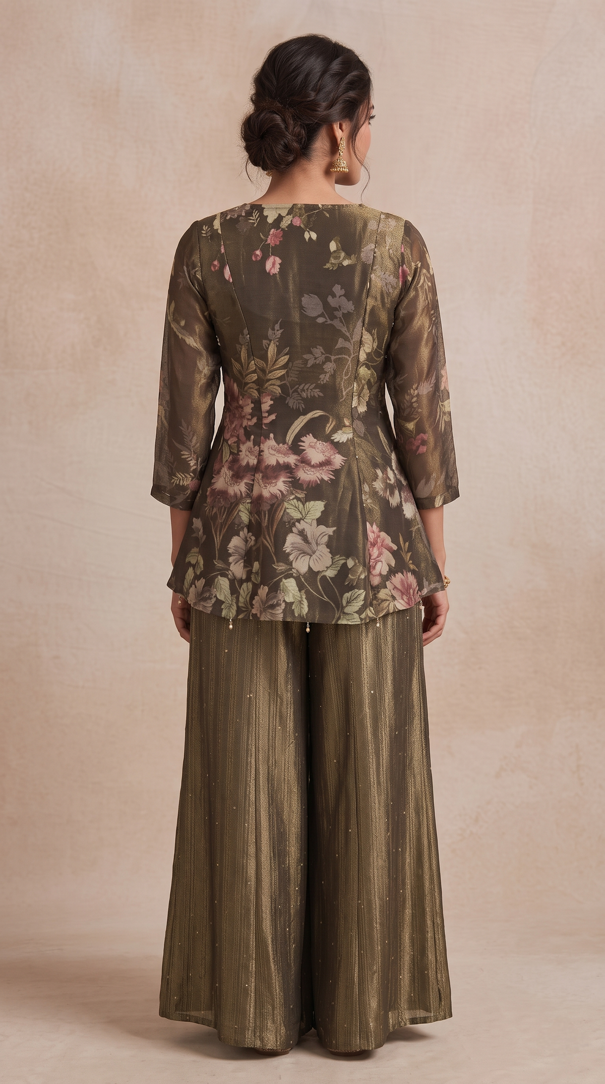 Stylish floral printed sharara suit for women, greyish green Indian festive wear for weddings, receptions, family gatherings and special occasions.