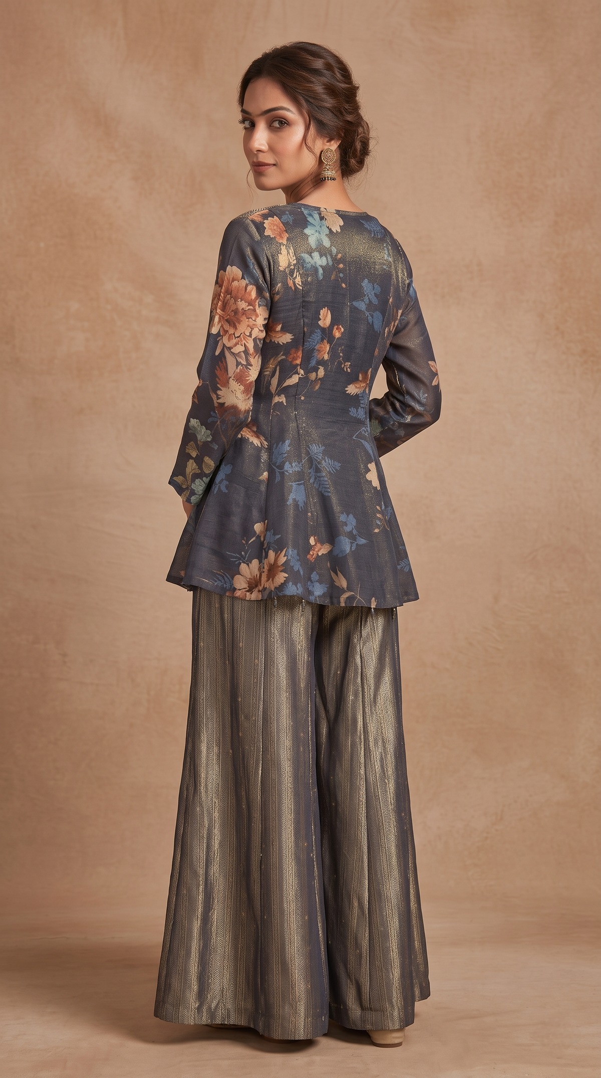Blue floral printed ethnic sharara suit, stylish traditional Indian outfit for women, perfect for family functions, festive events and special occasions.