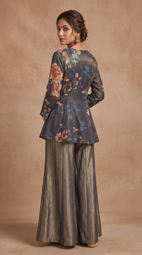 Blue floral printed ethnic sharara suit, stylish traditional Indian outfit for women, perfect for family functions, festive events and special occasions.