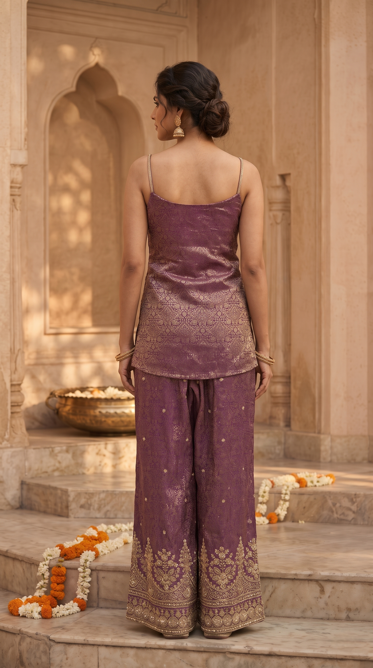 Purple silk spaghetti salwar kameez set, fashionable Indian party wear for wedding receptions, engagement ceremonies and family celebrations.