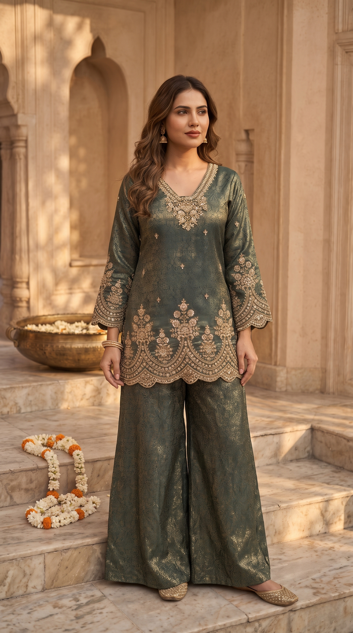 Green silk sharara suit with traditional salwar styling, perfect for wedding guest outfits, bridesmaid wear, mehndi and pre-wedding functions.