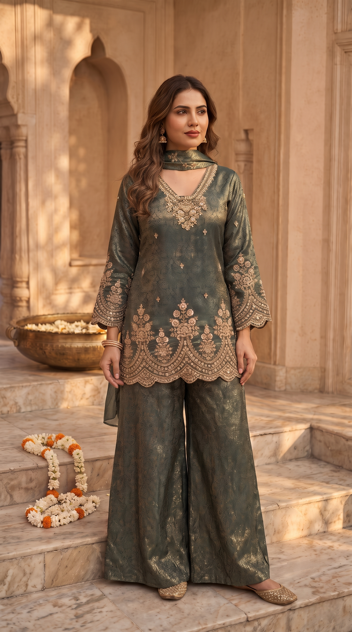 Green silk salwar sharara suit for women, elegant Indian ethnic wear for weddings, sangeet, engagement and festive celebrations.