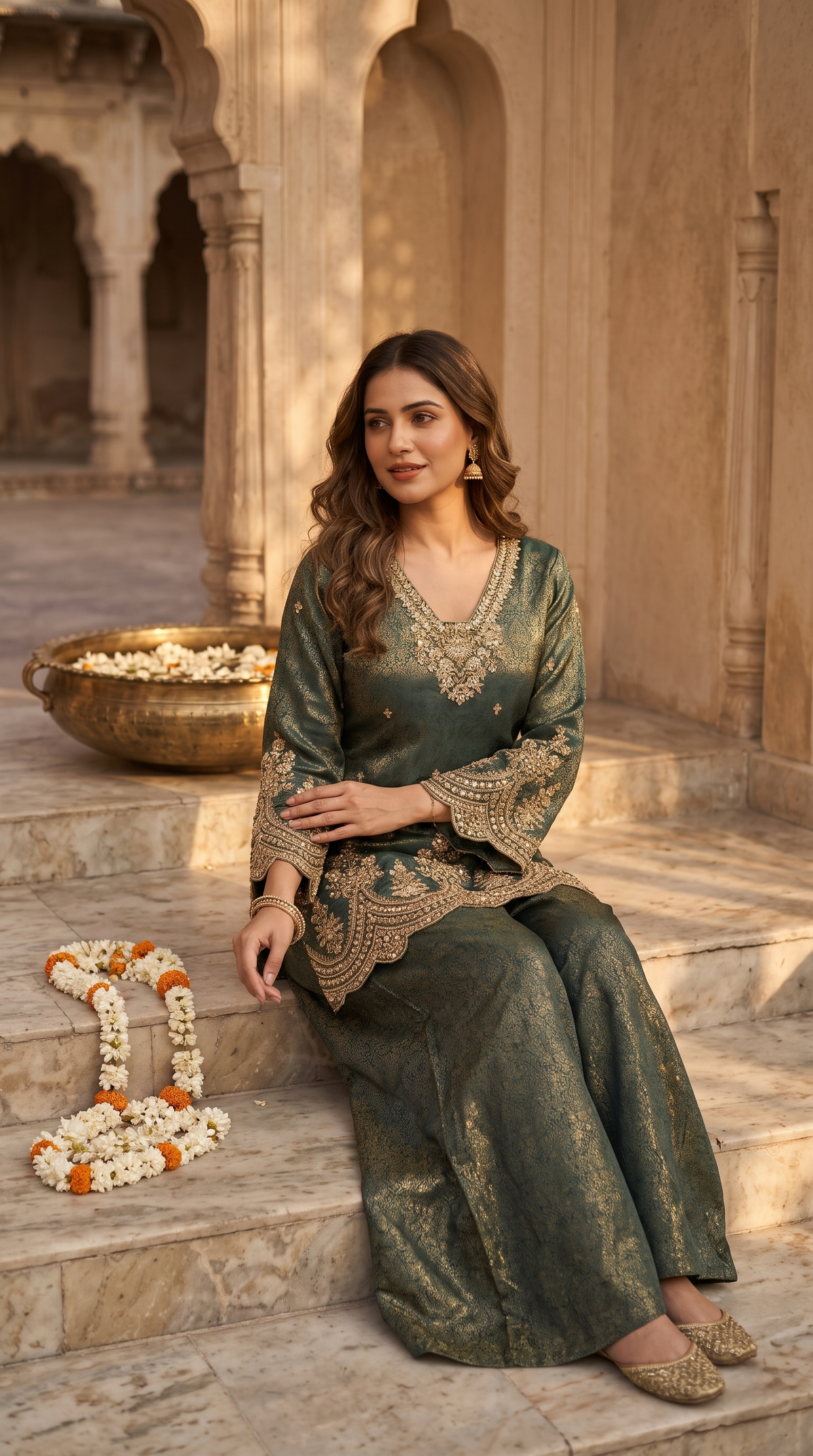 Green ethnic sharara suit set for women featuring rich silk fabric, ideal for wedding functions, engagement parties and traditional celebrations.