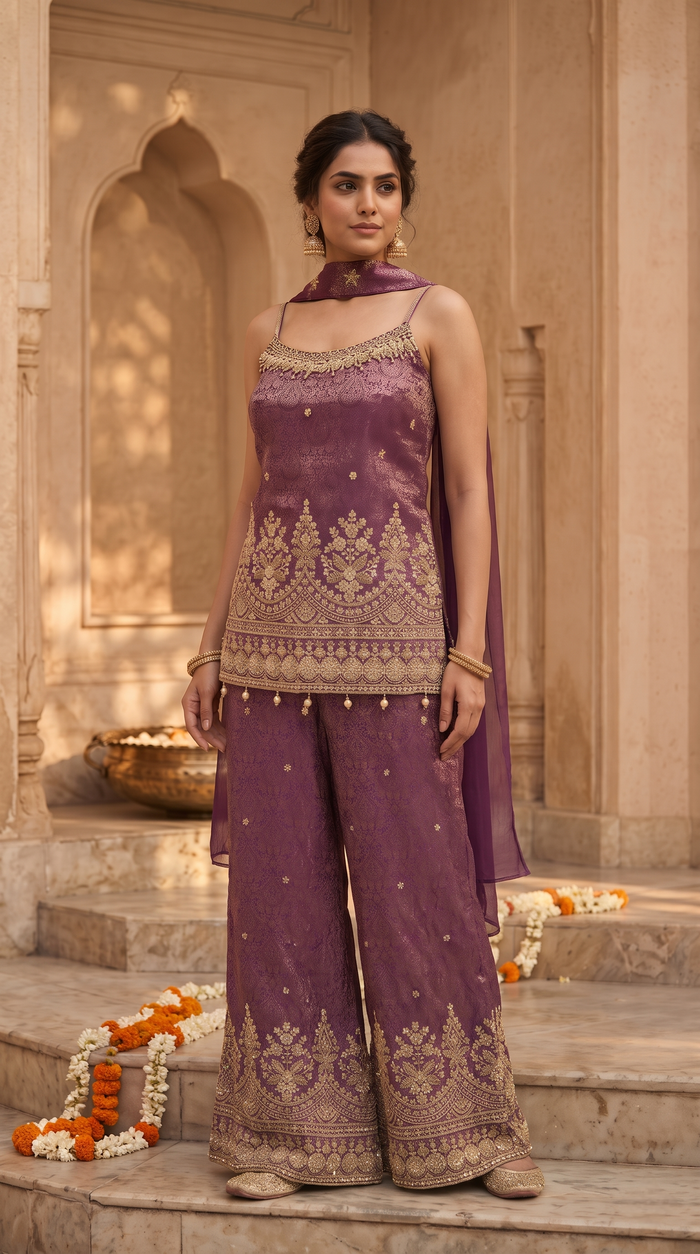 Purple silk spaghetti salwar suit for women, elegant Indian ethnic wear for weddings, sangeet, engagement and festive occasions.