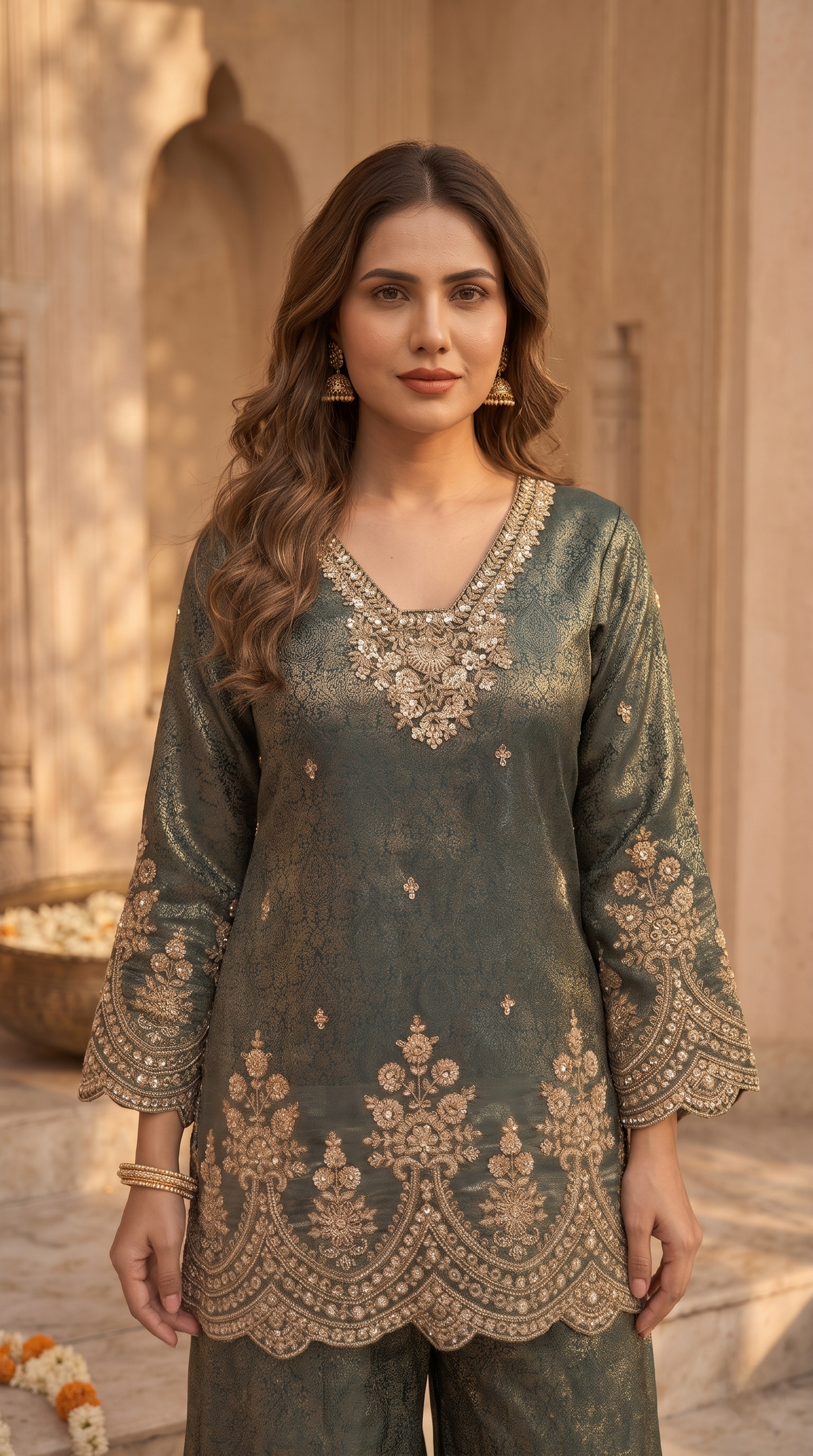 Elegant green silk salwar suit for women, stylish ethnic party wear for receptions, sangeet nights, festive occasions and celebrations.
