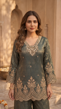 Elegant green silk salwar suit for women, stylish ethnic party wear for receptions, sangeet nights, festive occasions and celebrations.