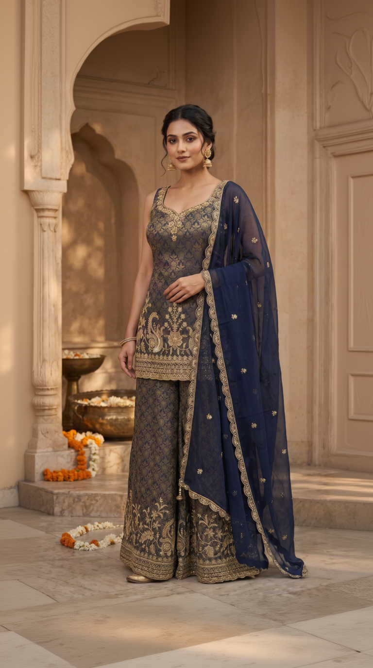 Blue sequin embroidered salwar suit for women, elegant Indian ethnic wear for weddings, sangeet, engagement, reception and festive occasions.