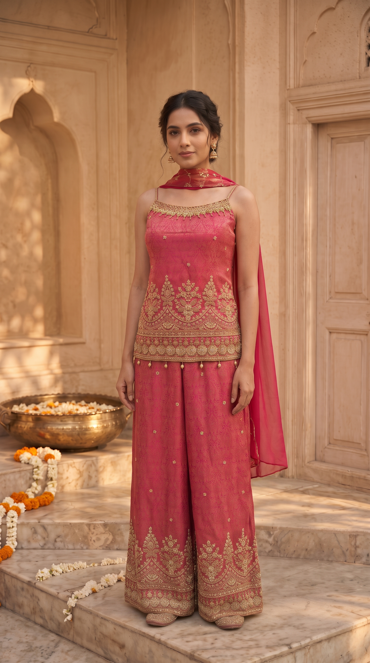 Rani pink spaghetti suit for women, stylish Indian ethnic wear for weddings, sangeet, engagement parties and festive celebrations.