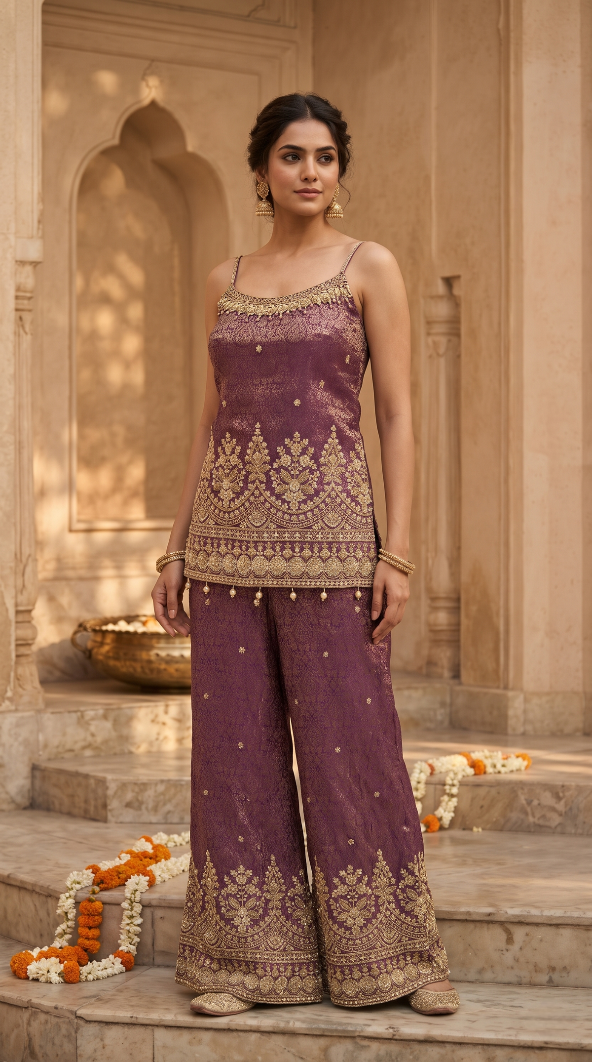 Stylish purple silk salwar suit with spaghetti strap top, perfect for wedding guest outfits, bridesmaid wear and traditional celebrations.