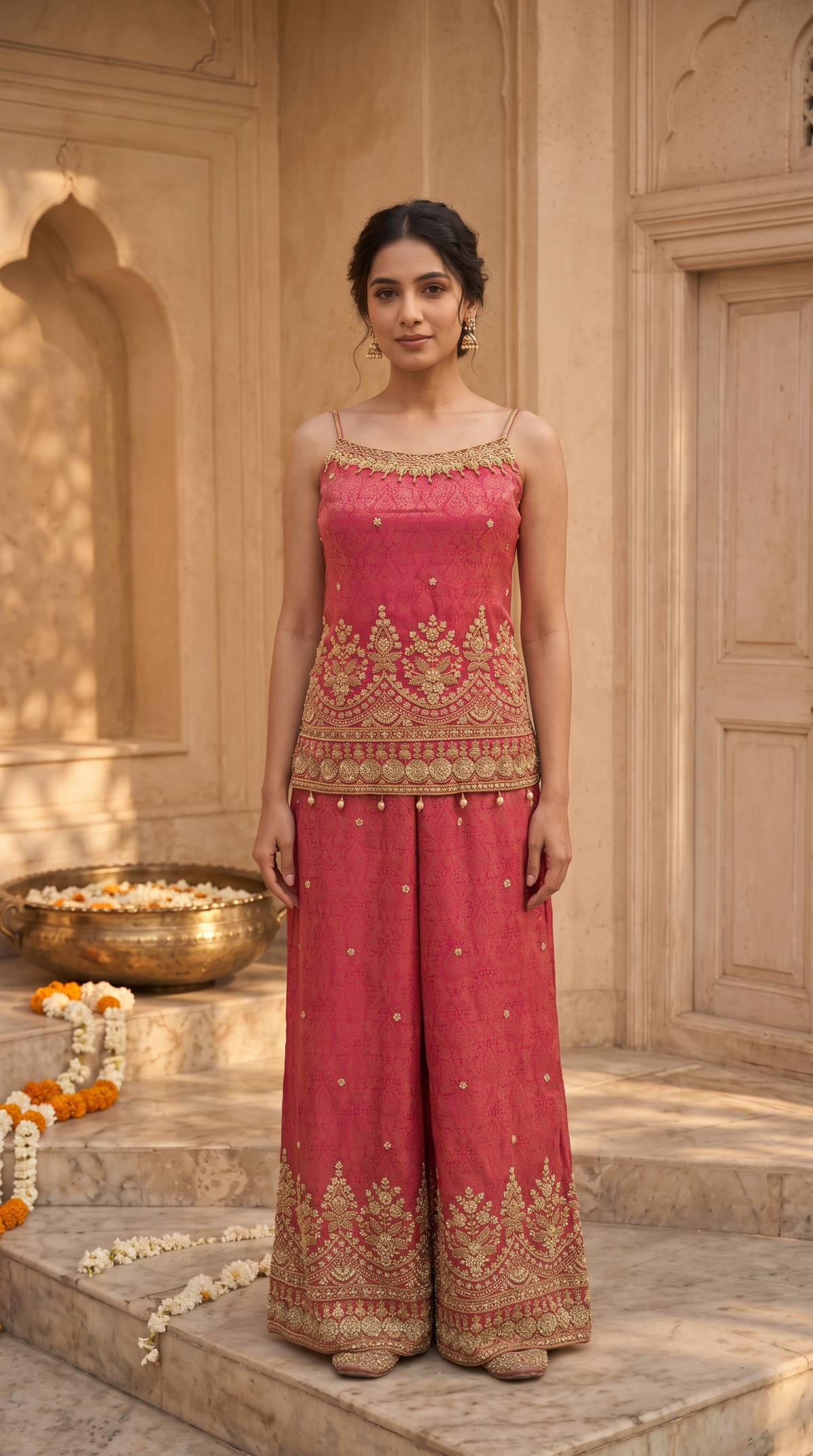 Beautiful rani pink suit for women, trendy Indian party wear for sangeet nights, mehndi ceremonies, receptions and festive occasions.