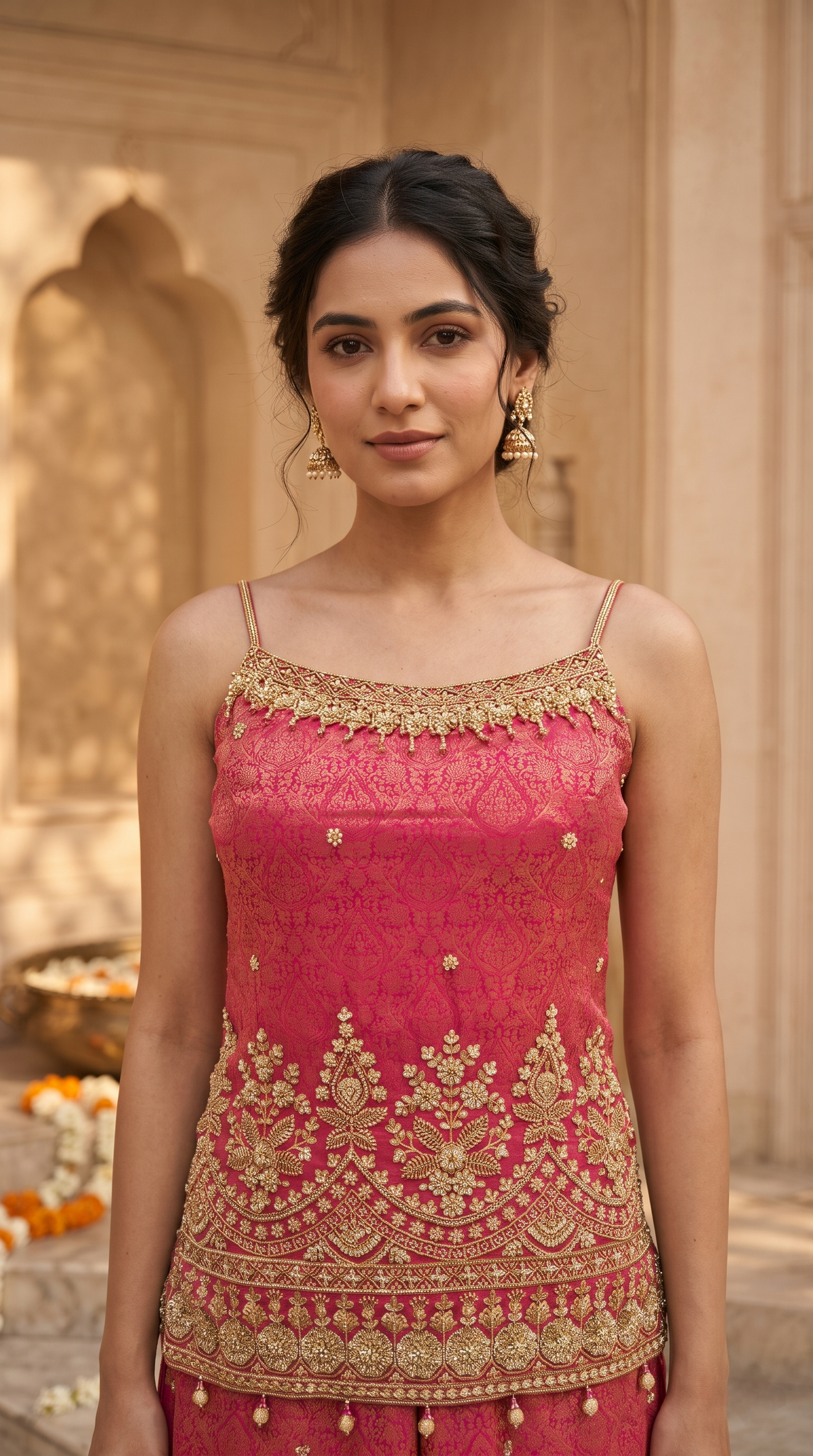 Rani pink spaghetti strap ethnic suit set, elegant wedding wear for women, ideal for cocktail parties, celebrations and special occasions.