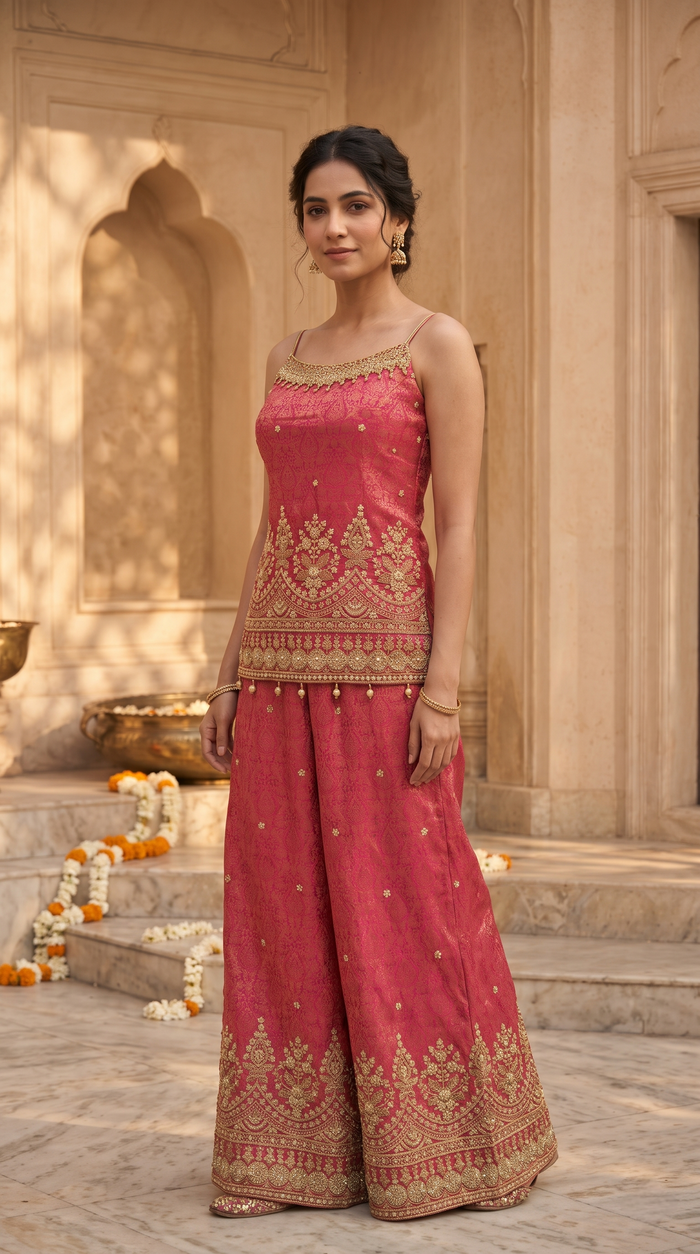 Rani pink ethnic spaghetti suit set with elegant detailing, perfect for wedding guest outfits, bridesmaid wear and pre-wedding functions.
