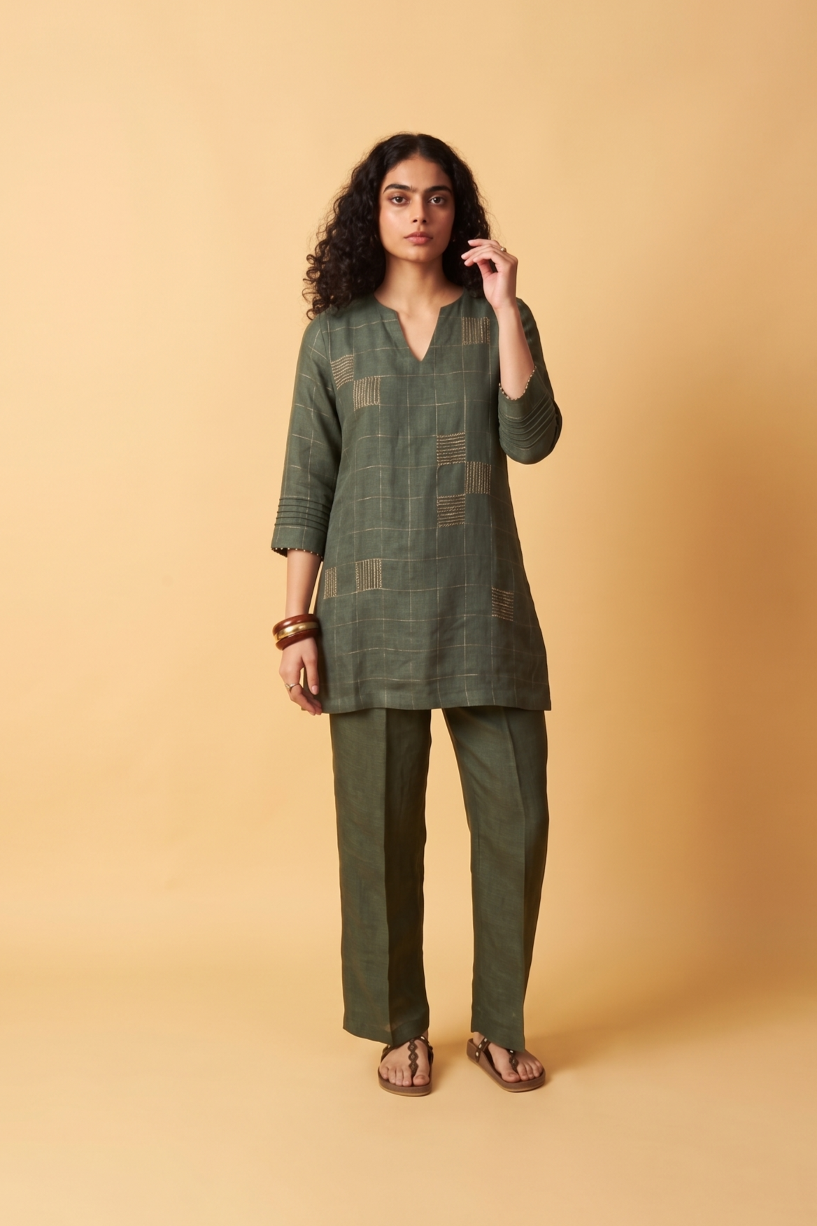SAGE GREEN BEADS EMBROIDERED LINEN CO-ORD SET