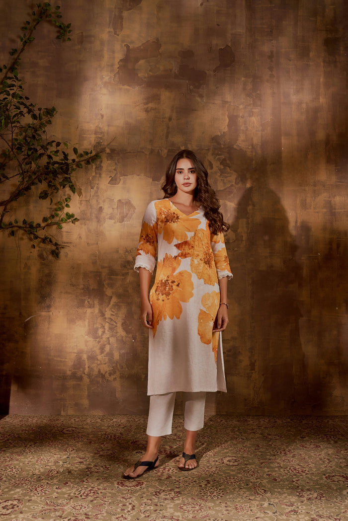 YELLOW PRINTED LINEN KURTA PANT SET