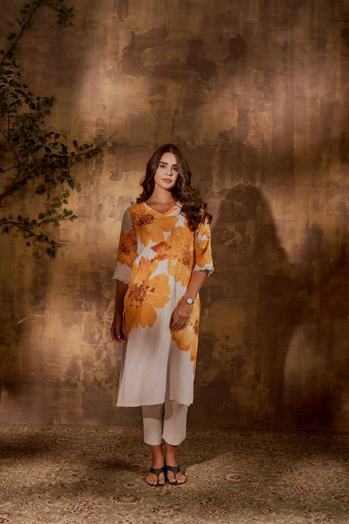 YELLOW PRINTED LINEN KURTA PANT SET