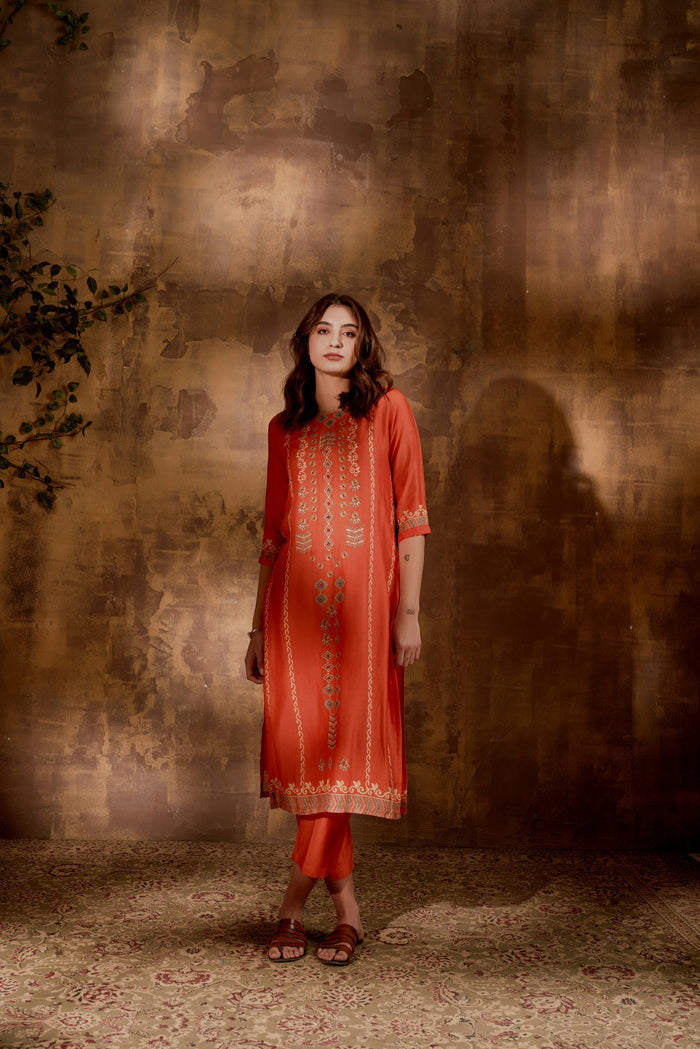 ORANGE EMBROIDERED SILK KURTA PANT SET