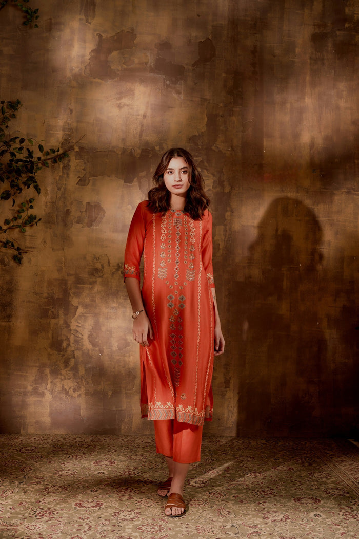 ORANGE EMBROIDERED SILK KURTA PANT SET