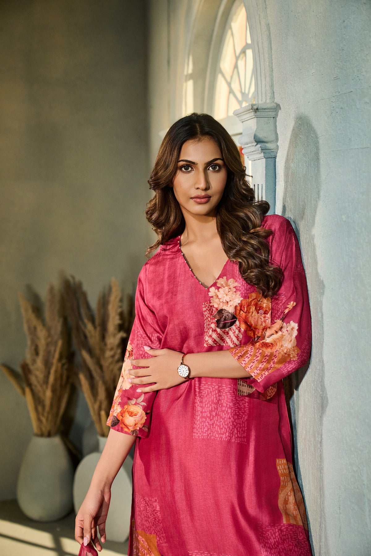 PINK FLORAL PRINT SILK EMBROIDERED KURTA SET | Nishly Fashion House