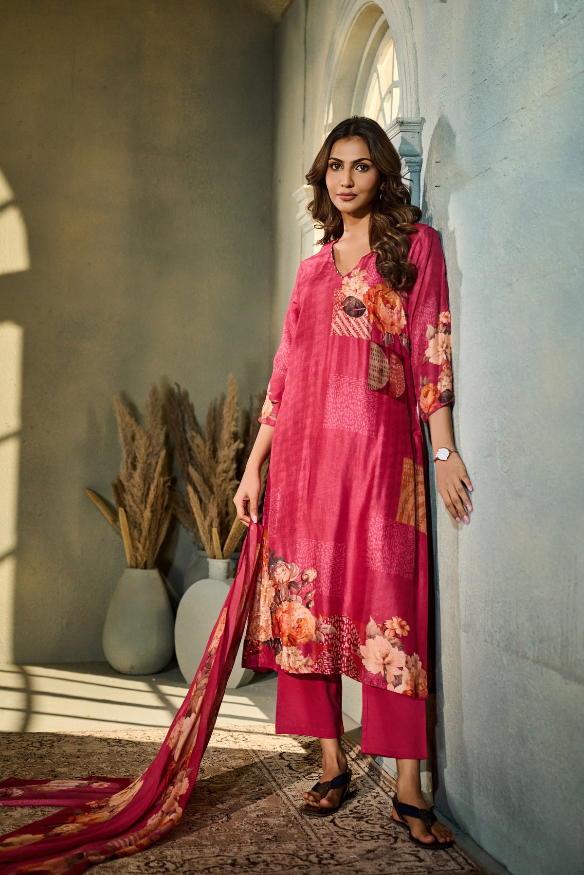 PINK FLORAL PRINT SILK EMBROIDERED KURTA SET | Nishly Fashion House