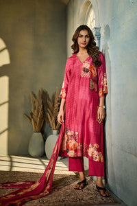 PINK FLORAL PRINT SILK EMBROIDERED KURTA SET | Nishly Fashion House